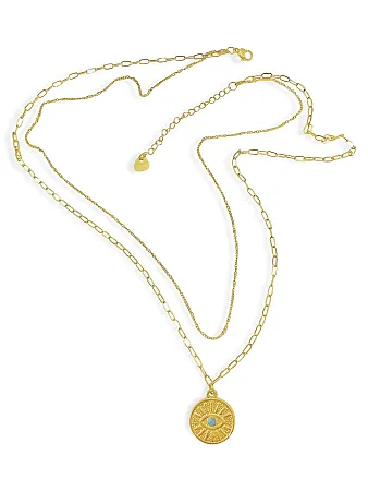 Κολιέ γυναικείο, από ανοξείδωτο ατσάλι, διπλό, 43 εκατοστά+5εκατοστά αλυσίδα επέκτασης η κοντή αλυσίδα, με πέτρα τυρκουάζ, ματάκι βασκανίας & κίτρινο επιχρύσωμα, silverline, 0330342602